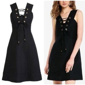 J crew lace up front resort wear vacation black Linen A-line mini dress sz 6